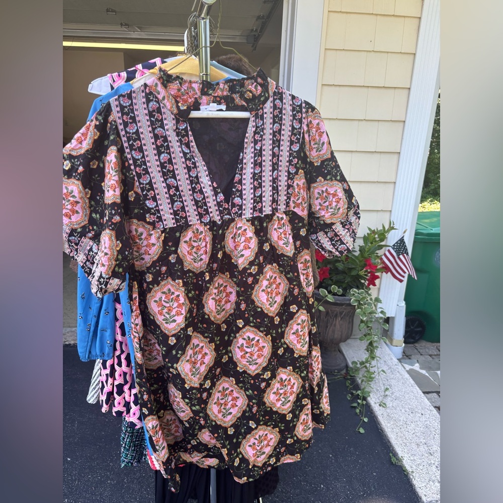 THML Black Dress with Pink and Green Floral Accents